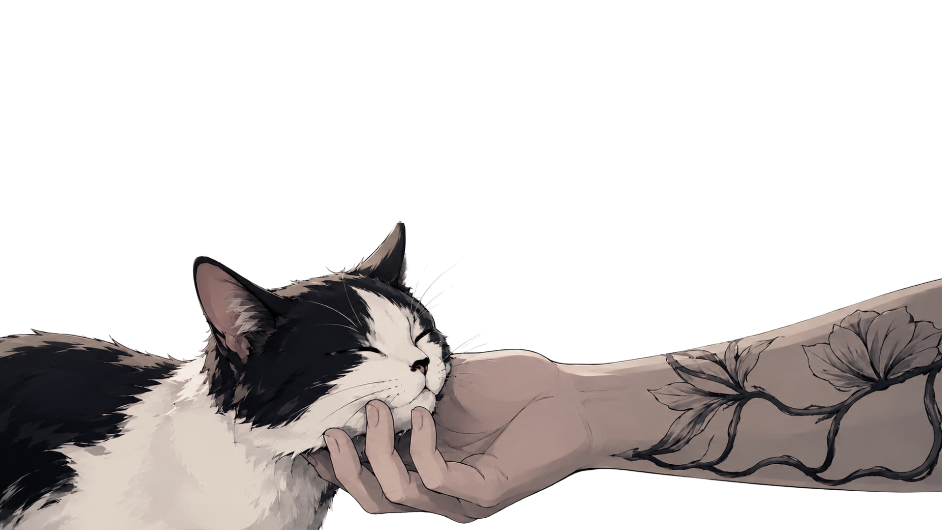 A cat resting against a tattooed hand